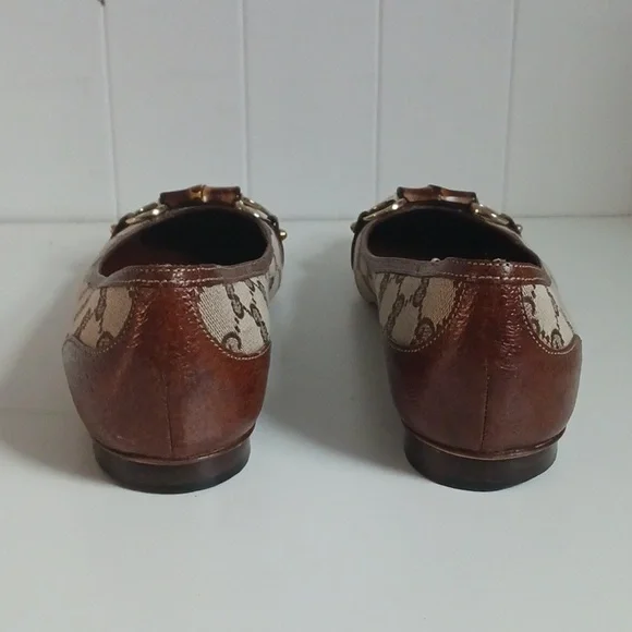 Gucci Tan Logo Canvas Flats In Box W Bamboo Bit. - Picture 4 of 7